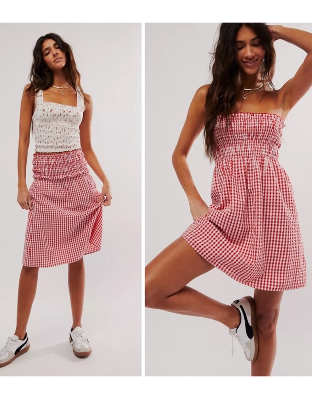 Free People One Sunni Convertible Skirt Dress in Red White Gingham XL - Picture 2 of 6